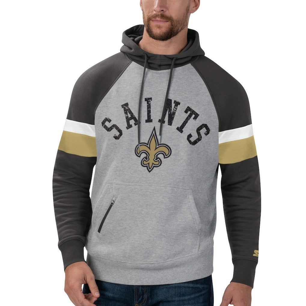 New Orleans Saints Starter Home Run Raglan Pullover Hoodie Heathered Gray/Black | NFL