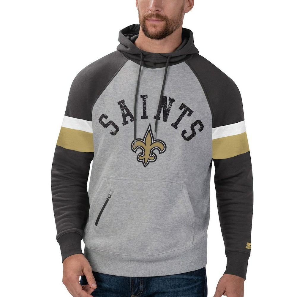 New Orleans Saints Starter Home Run Raglan Pullover Hoodie Heathered Gray/Black | NFL