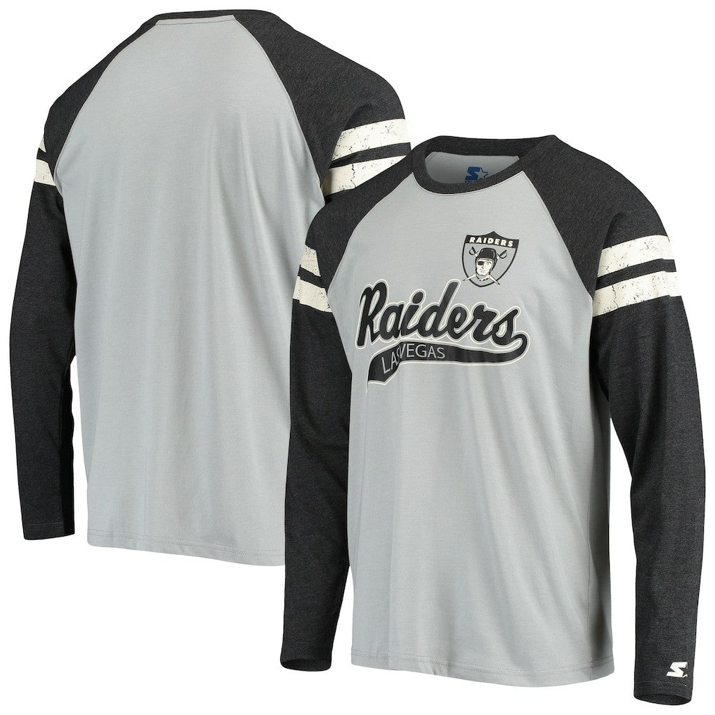 Las Vegas Raiders Starter Throwback League Raglan Long Sleeve Tri-Blend T-Shirt Silver/Black | NFL