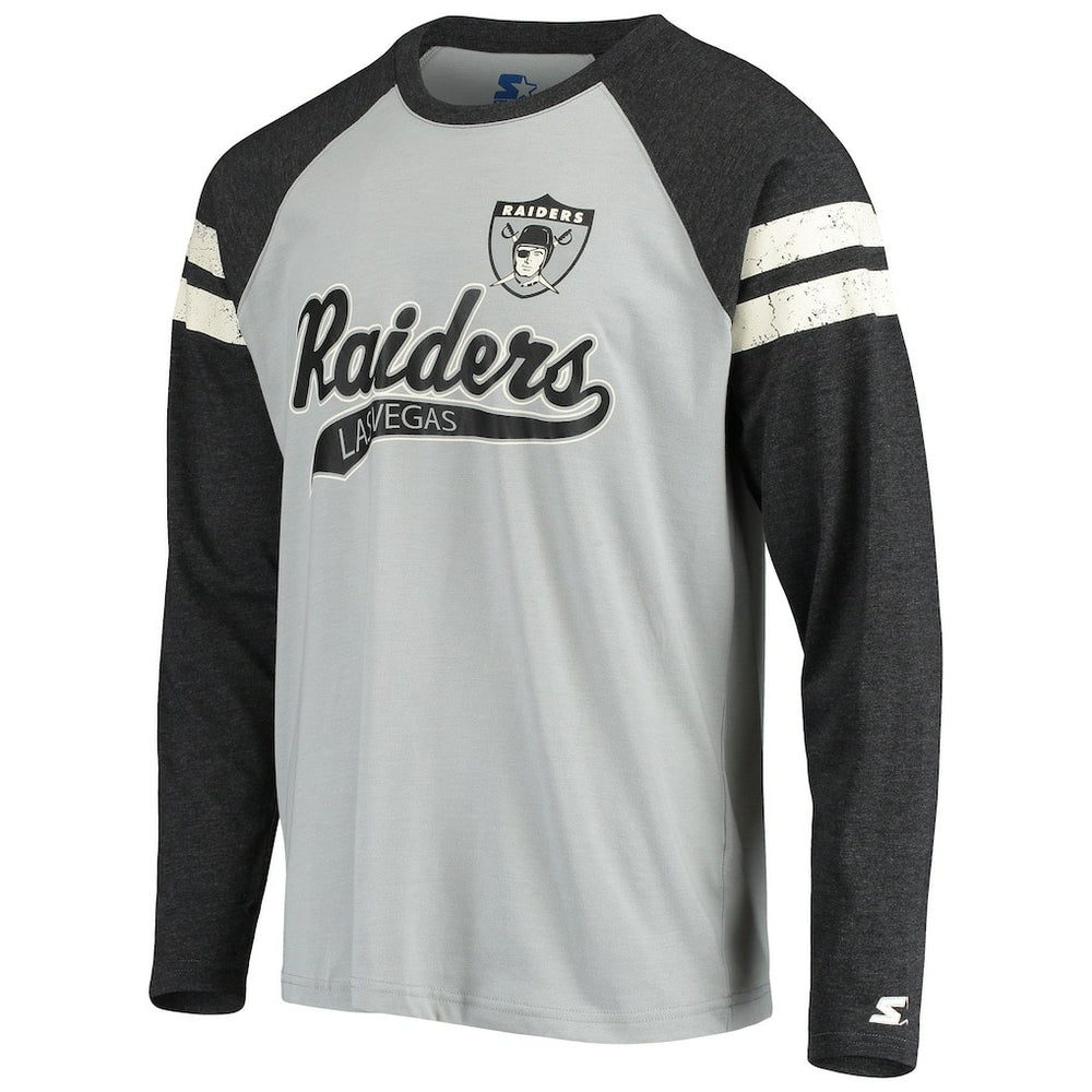 Las Vegas Raiders Starter Throwback League Raglan Long Sleeve Tri-Blend T-Shirt Silver/Black | NFL