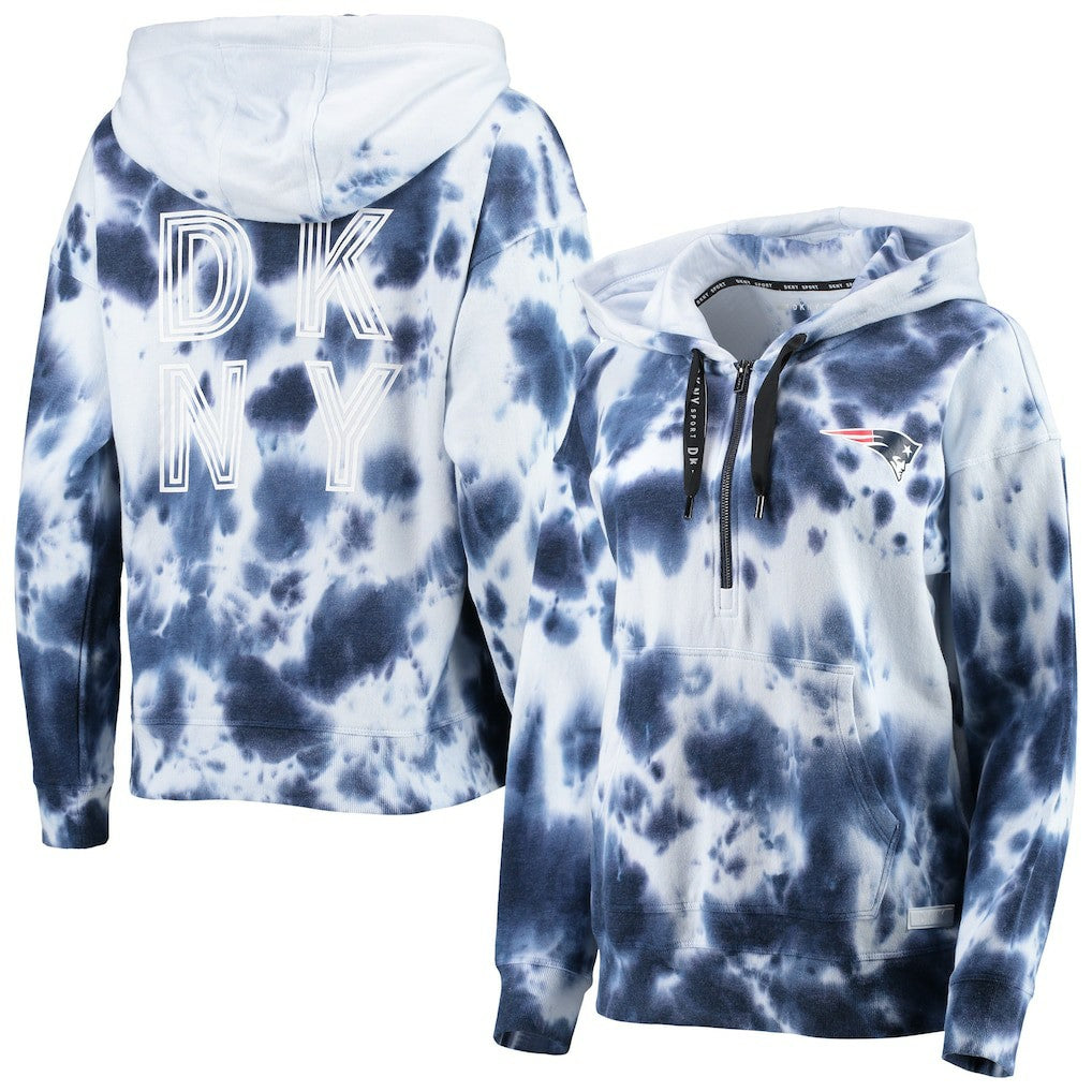 New England Patriots DKNY Sport Women's Dakota Oversized Tie-Dye Half-Zip Hoodie White/Navy | NFL