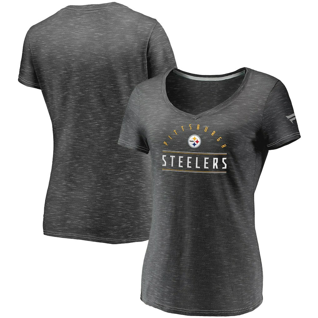 Pittsburgh Steelers Women's League Leader Space Dye V-Neck T-Shirt Charcoal | Fanatics