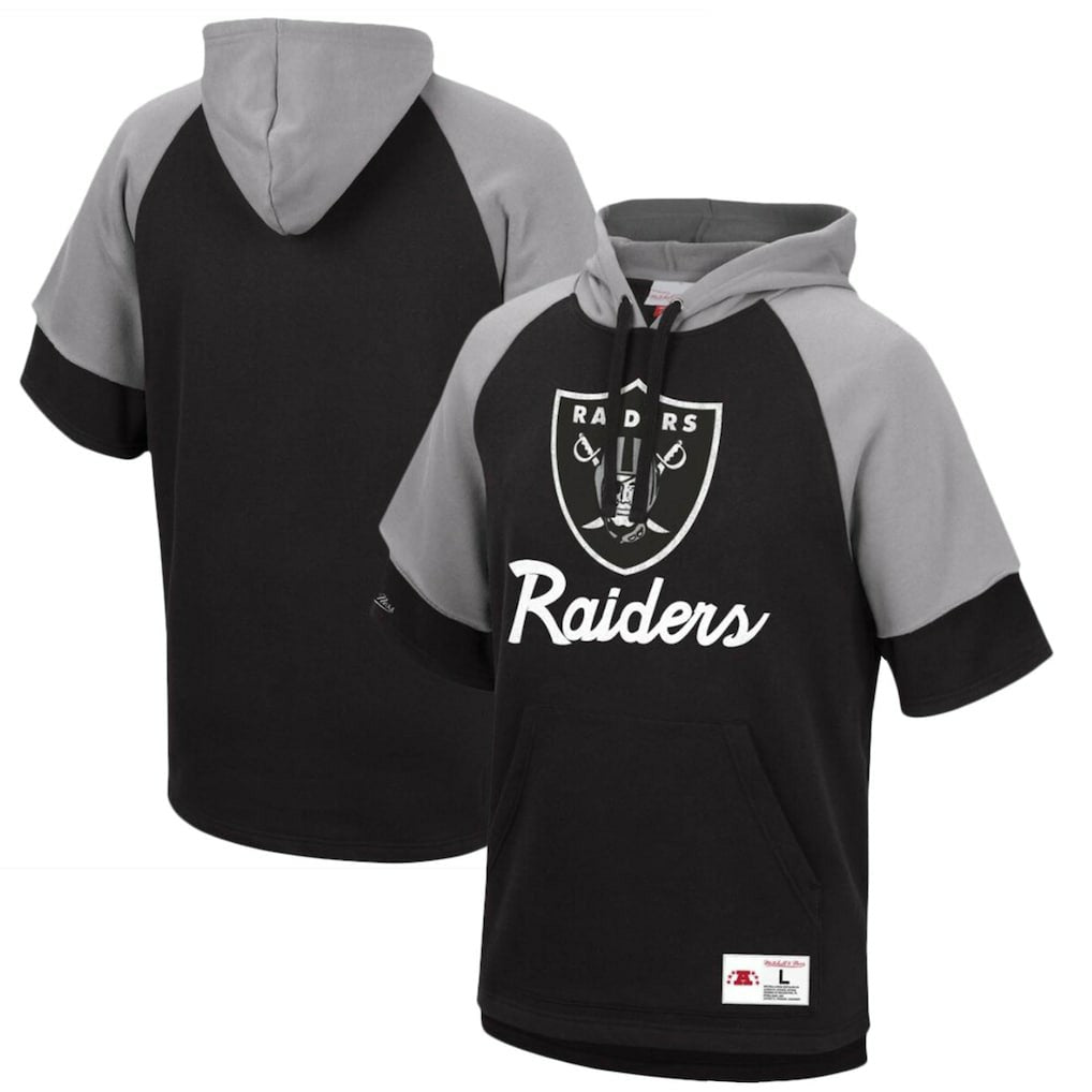 Las Vegas Raiders Home Advantage Raglan Short Sleeve Pullover Hoodie Black | Mitchell & Ness