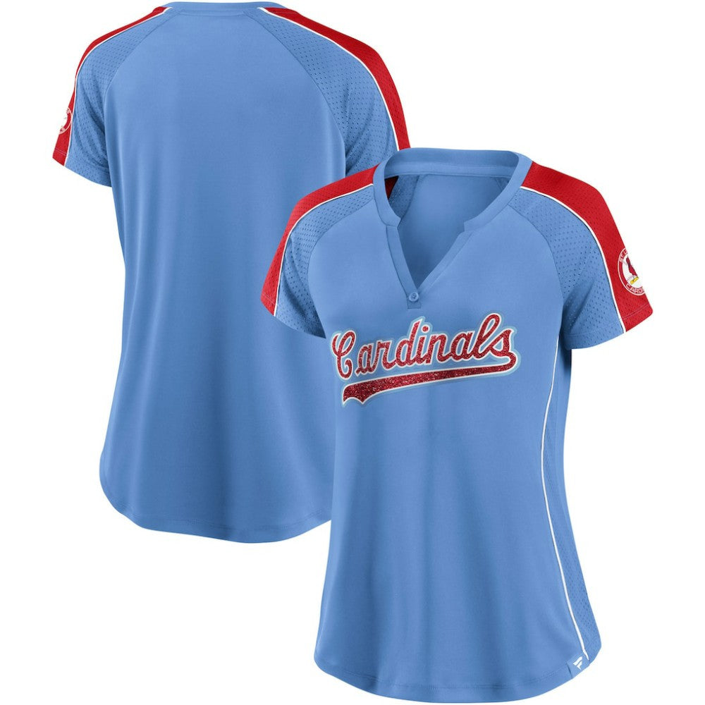 St. Louis Cardinals Fanatics Women's Light Blue/Red True Classic League Diva Pinstripe Raglan V-Neck T-Shirt T-shirts - MLB