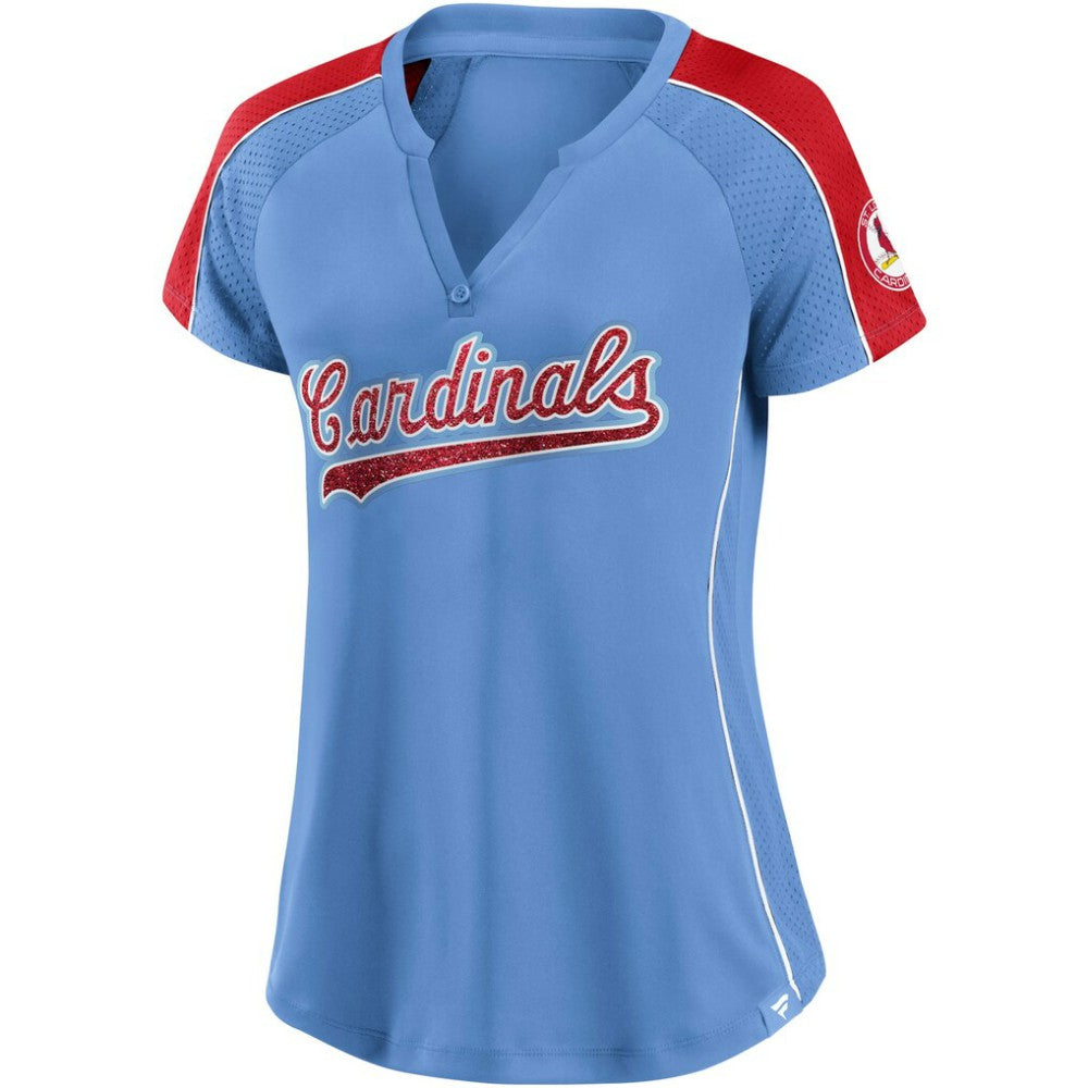 St. Louis Cardinals Fanatics Women's Light Blue/Red True Classic League Diva Pinstripe Raglan V-Neck T-Shirt T-shirts - MLB