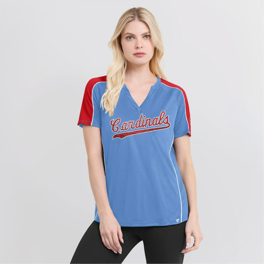 St. Louis Cardinals Fanatics Women's Light Blue/Red True Classic League Diva Pinstripe Raglan V-Neck T-Shirt T-shirts - MLB