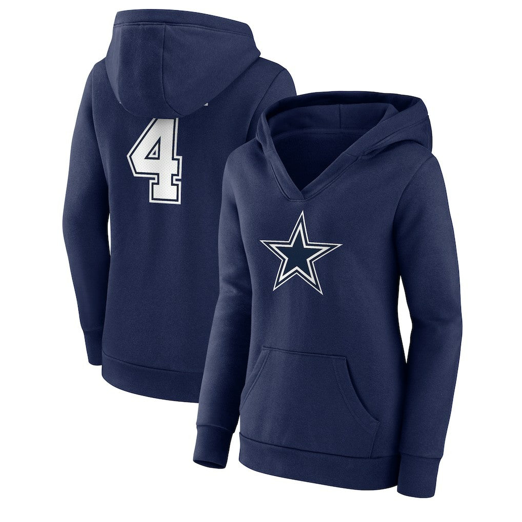 Dak Prescott Dallas Cowboys Women's Player Icon Name & Number V-Neck Pullover Hoodie Navy | Fanatics