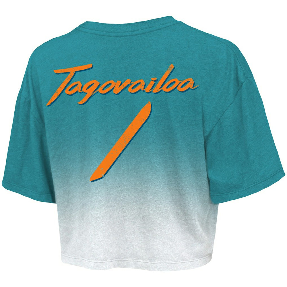 Tua Tagovailoa Miami Dolphins Majestic Threads Women's Dip-Dye Player Name & Number Crop Top Aqua/White | NFL