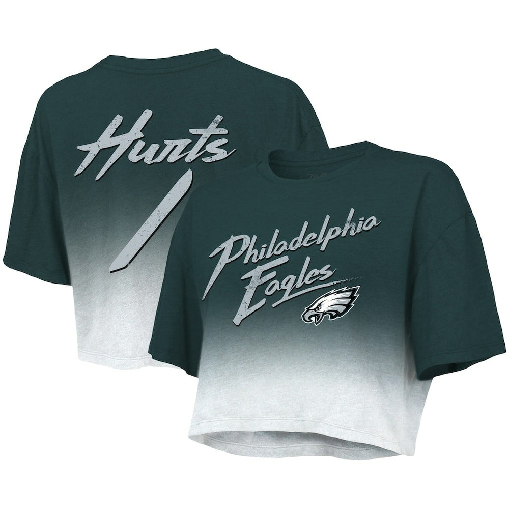 Jalen Hurts Philadelphia Eagles Majestic Threads Women's Dip-Dye Player Name & Number Crop Top Green/White | NFL