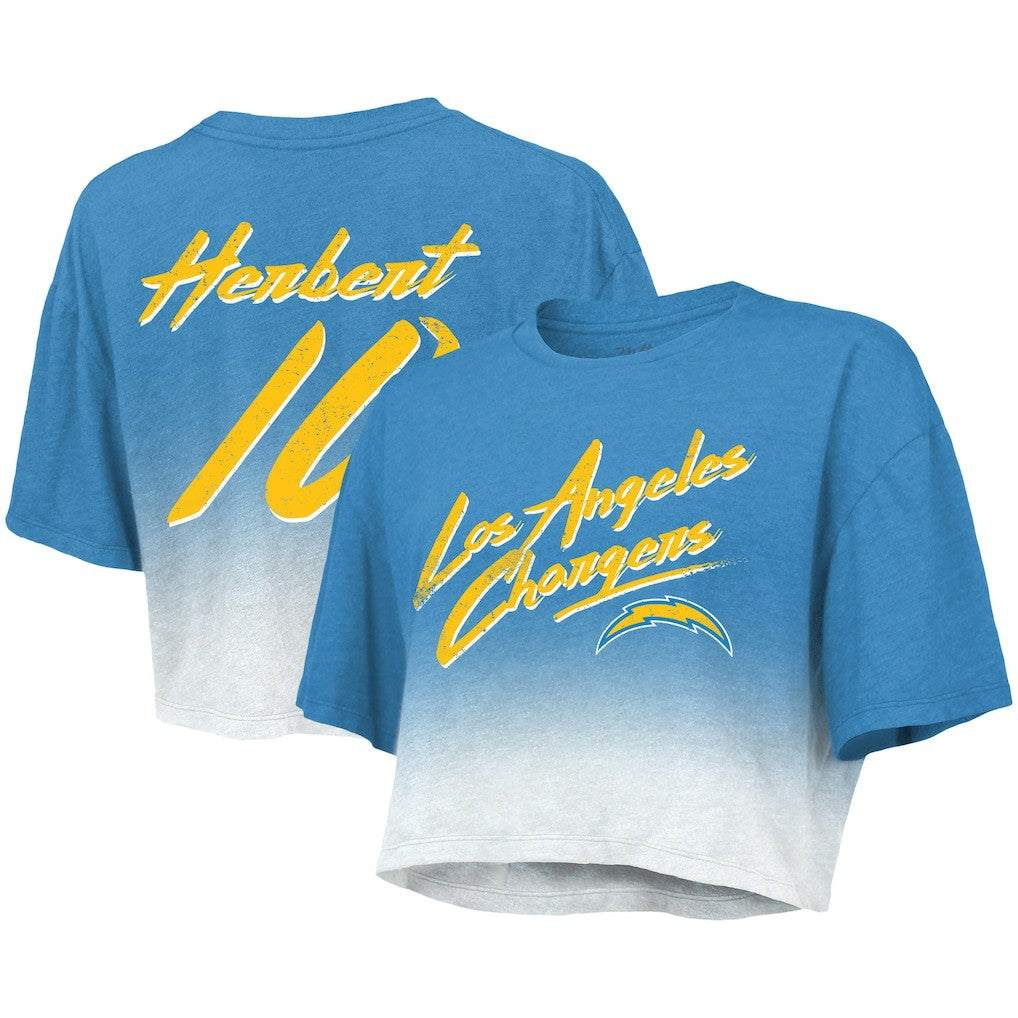 Justin Herbert Los Angeles Chargers Majestic Threads Women's Dip-Dye Player Name & Number Crop Top Powder Blue/White | NFL