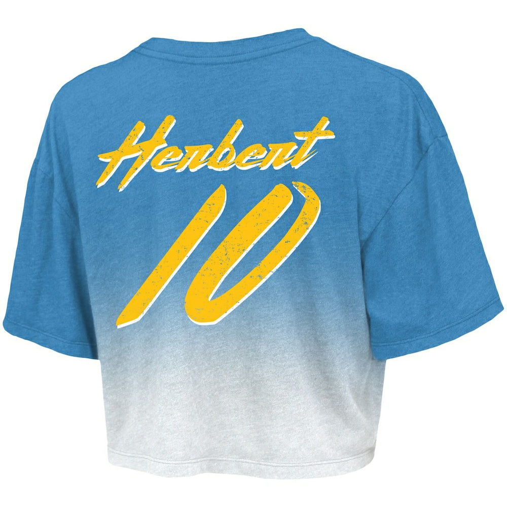 Justin Herbert Los Angeles Chargers Majestic Threads Women's Dip-Dye Player Name & Number Crop Top Powder Blue/White | NFL