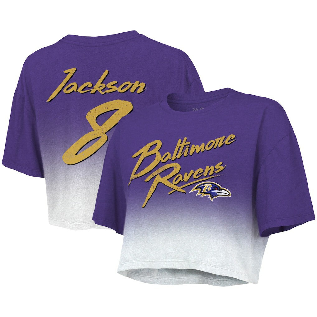 Lamar Jackson Baltimore Ravens Majestic Threads Women's Dip-Dye Player Name & Number Crop Top Purple/White | NFL
