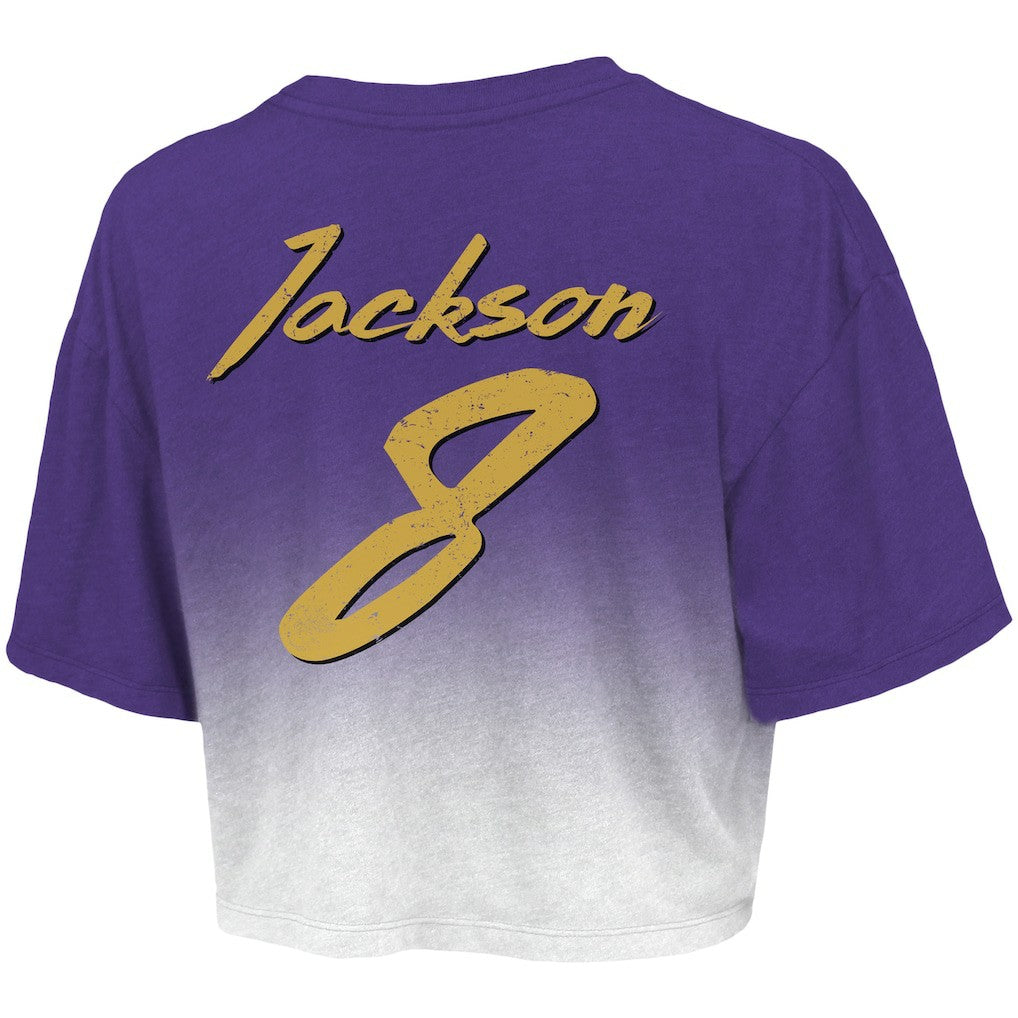 Lamar Jackson Baltimore Ravens Majestic Threads Women's Dip-Dye Player Name & Number Crop Top Purple/White | NFL