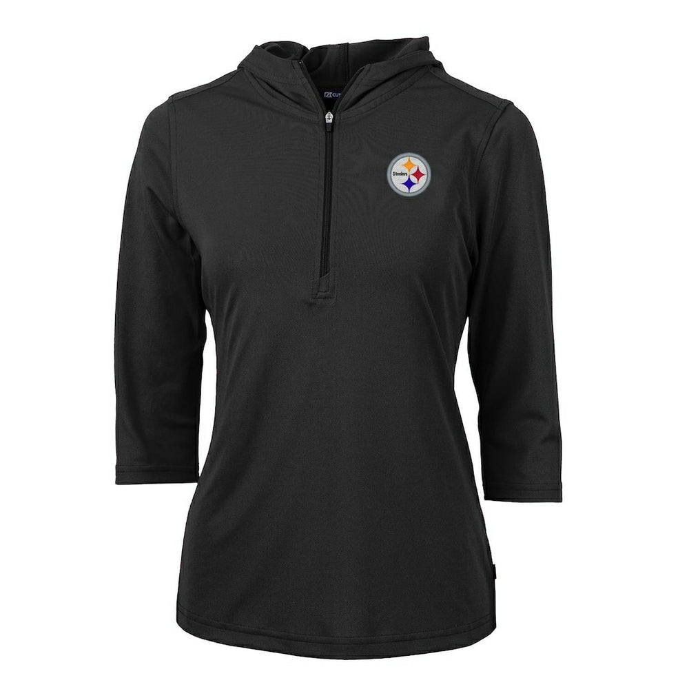 Pittsburgh Steelers Cutter & Buck Women's Virtue Eco Pique Half-Zip 3/4 Sleeve Pullover Hoodie Black | NFL