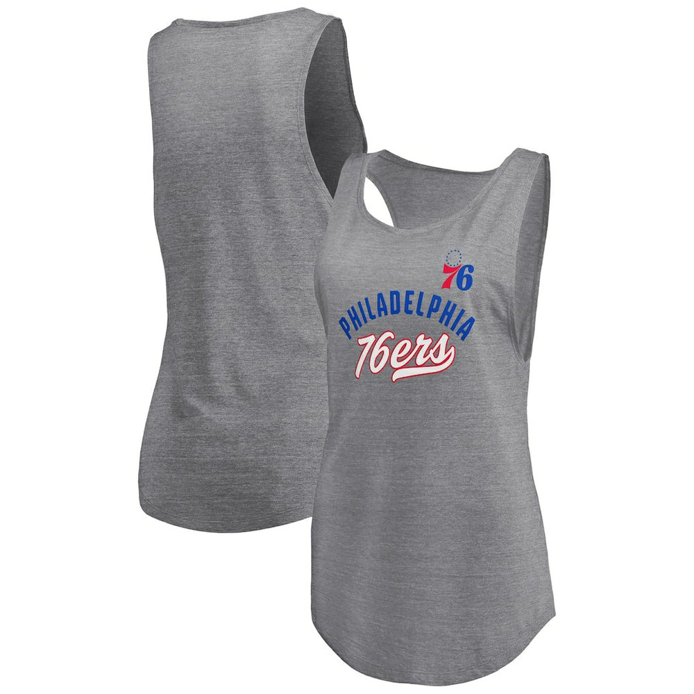 Philadelphia 76ers Women's Quality Time Open Scoop Neck Tri-Blend Tank Top Heathered Gray - NBA