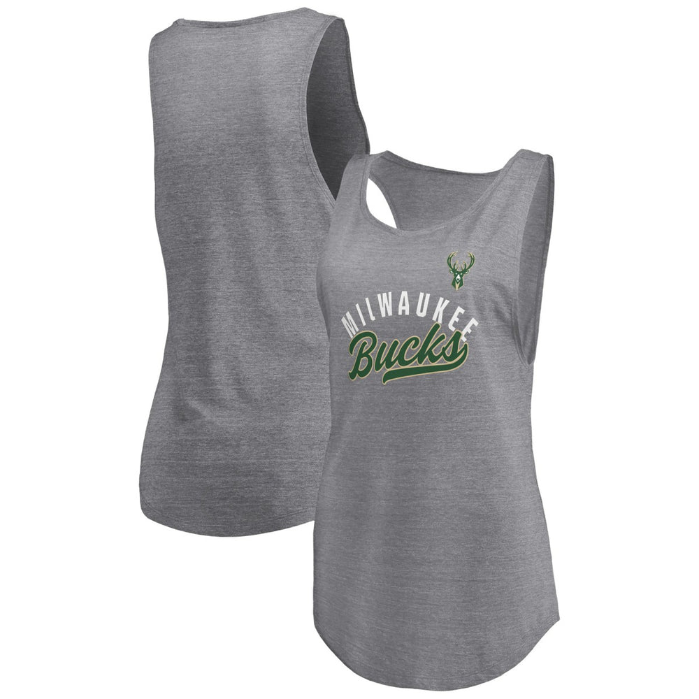 Milwaukee Bucks Women's Quality Time Open Scoop Neck Tri-Blend Tank Top Heathered Gray - NBA