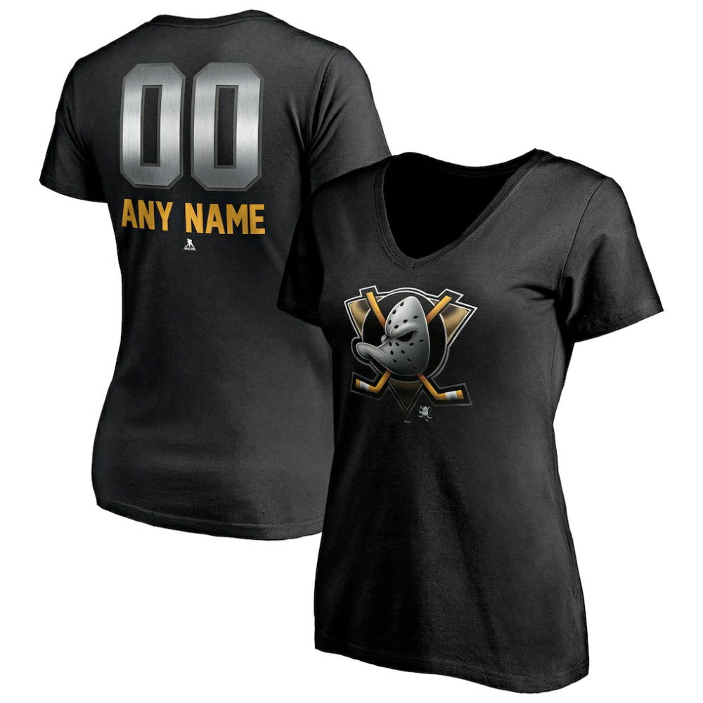 Anaheim Ducks Women's Personalized Midnight Mascot Logo V-Neck T-Shirt - Black - NHL