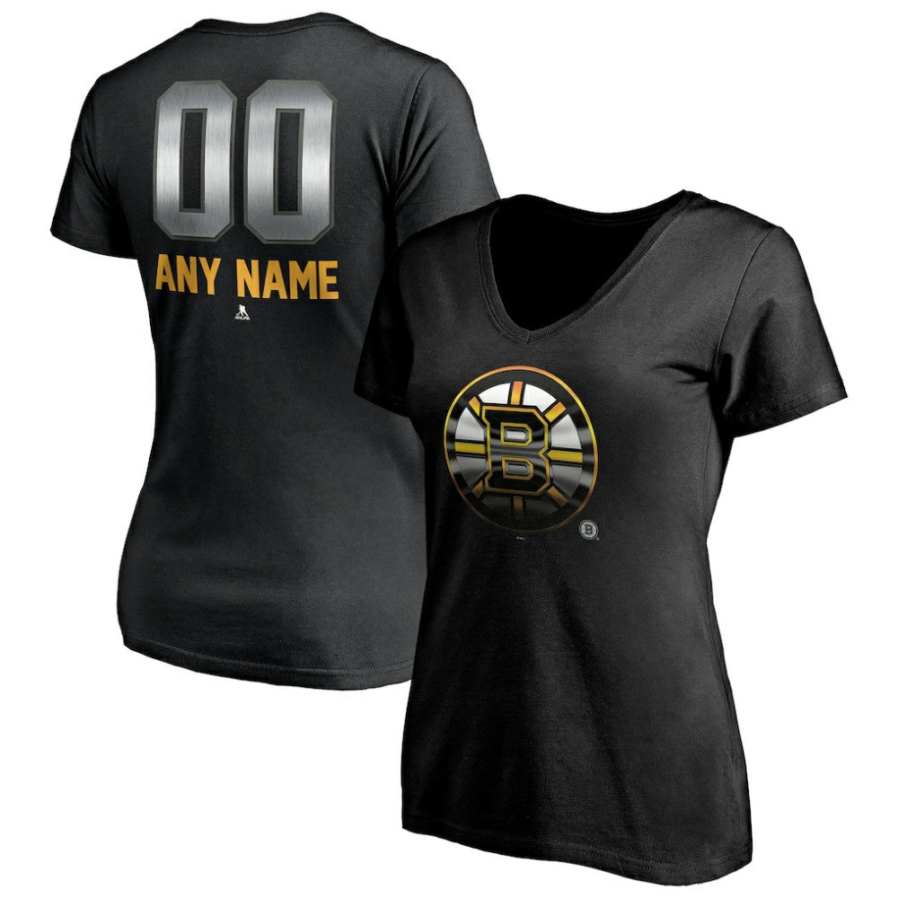 Boston Bruins Women's Personalized Midnight Mascot Logo V-Neck T-Shirt - Black - NHL