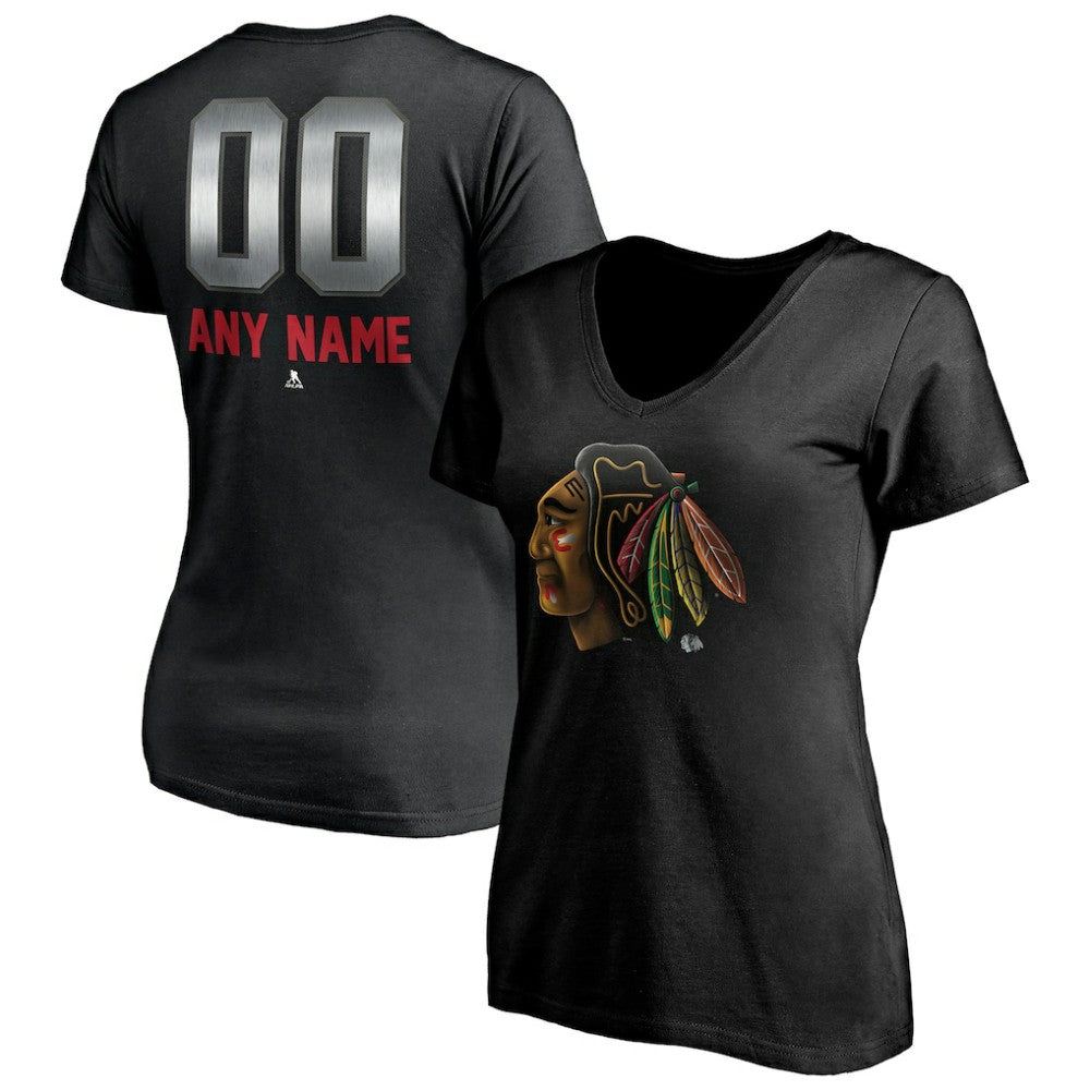Chicago Blackhawks Women's Personalized Midnight Mascot Logo V-Neck T-Shirt - Black - NHL