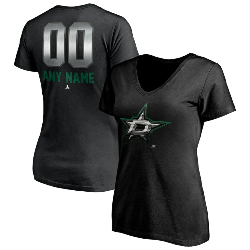 Dallas Stars Women's Personalized Midnight Mascot Logo V-Neck T-Shirt - Black - NHL