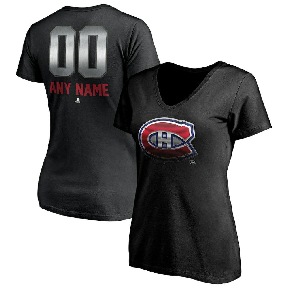 Montreal Canadiens Women's Personalized Midnight Mascot Logo V-Neck T-Shirt - Black - NHL