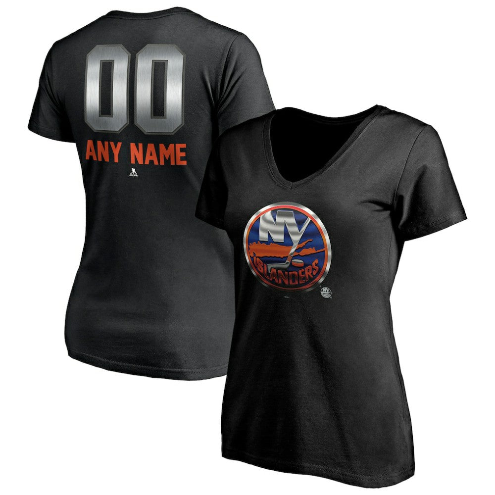 New York Islanders Women's Personalized Midnight Mascot Logo V-Neck T-Shirt - Black - NHL