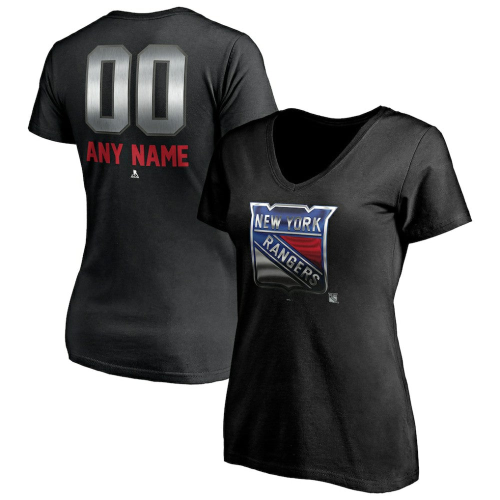 New York Rangers Women's Personalized Midnight Mascot Logo V-Neck T-Shirt - Black - NHL
