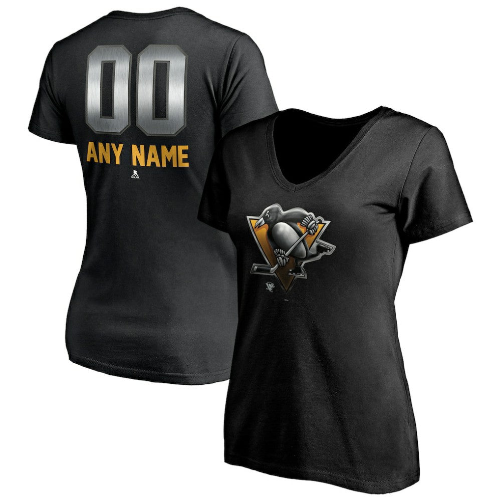 Pittsburgh Penguins Women's Personalized Midnight Mascot Logo V-Neck T-Shirt - Black - NHL