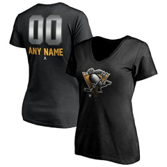 Pittsburgh Penguins Women's Personalized Midnight Mascot Logo V-Neck T-Shirt - Black - NHL