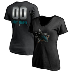 San Jose Sharks Women's Personalized Midnight Mascot Logo V-Neck T-Shirt - Black - NHL
