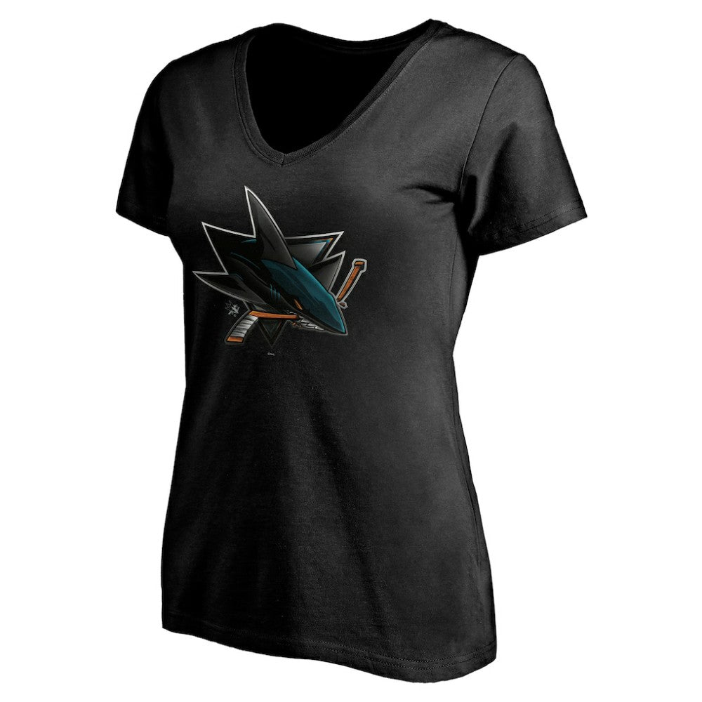 San Jose Sharks Women's Personalized Midnight Mascot Logo V-Neck T-Shirt - Black - NHL