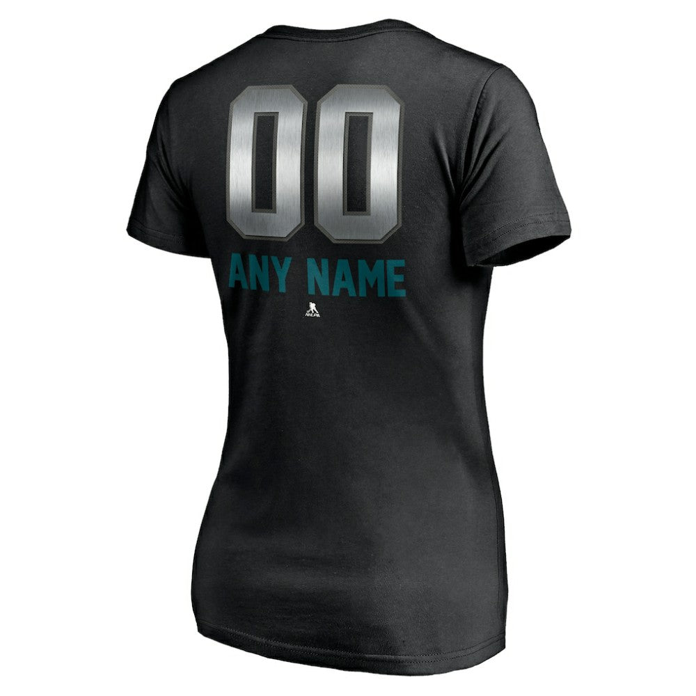 San Jose Sharks Women's Personalized Midnight Mascot Logo V-Neck T-Shirt - Black - NHL