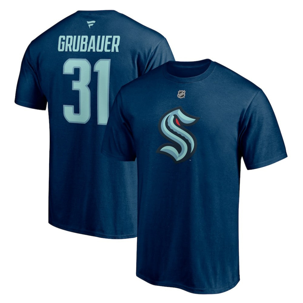 Philipp Grubauer Seattle Kraken Fanatics Authentic Stack Name & Number T-Shirt - Deep Sea Blue - NHL