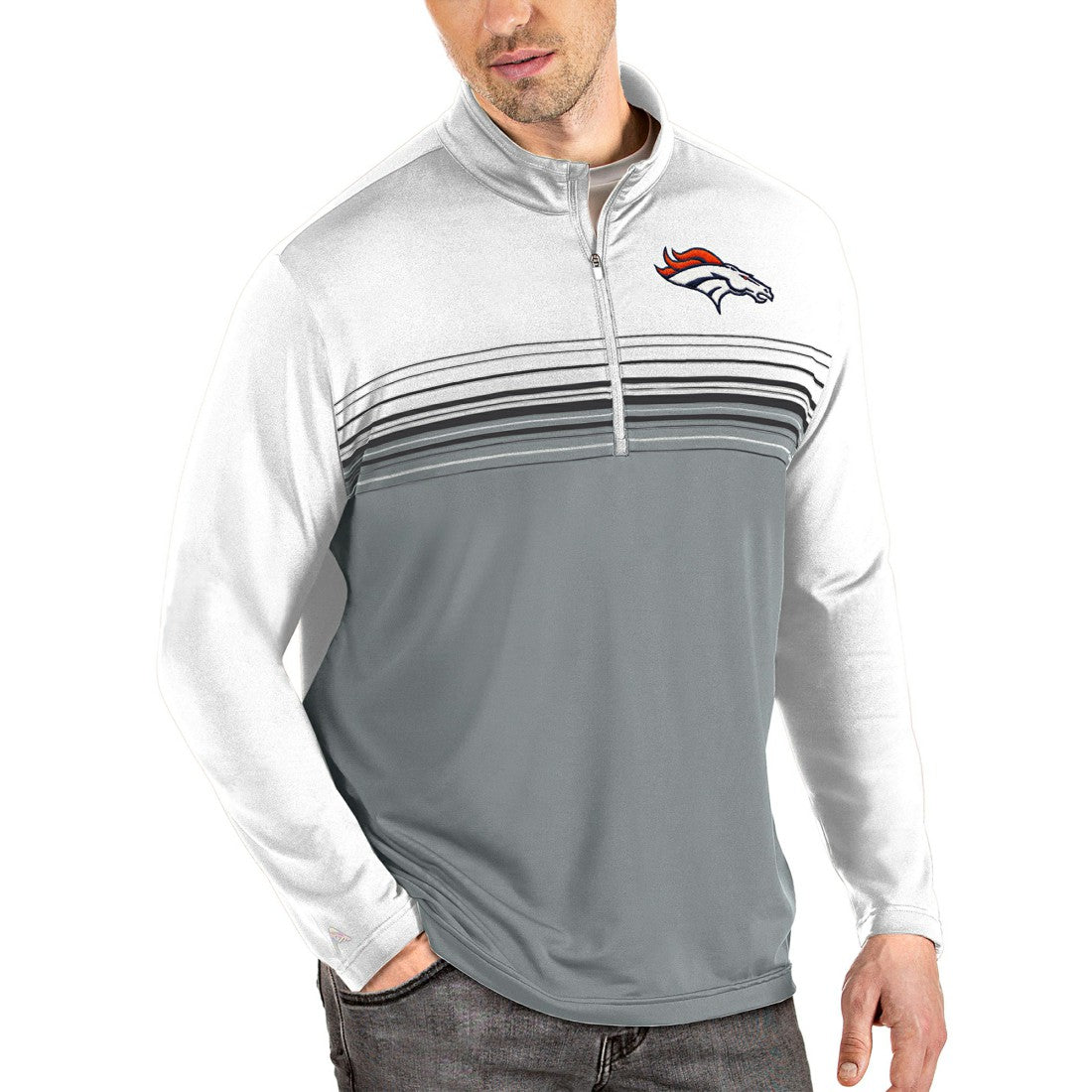 Denver Broncos Antigua Pace Quarter-Zip Pullover Jacket White/Gray | NFL