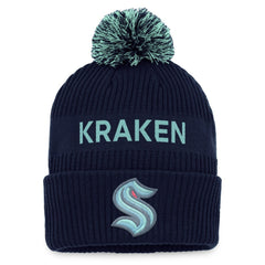Seattle Kraken Fanatics 2022 NHL Draft Authentic Pro Cuffed Knit Hat with Pom - Deep Sea Blue/Light Blue - NHL