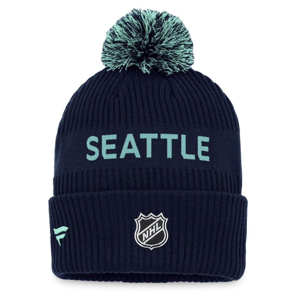 Seattle Kraken Fanatics 2022 NHL Draft Authentic Pro Cuffed Knit Hat with Pom - Deep Sea Blue/Light Blue - NHL