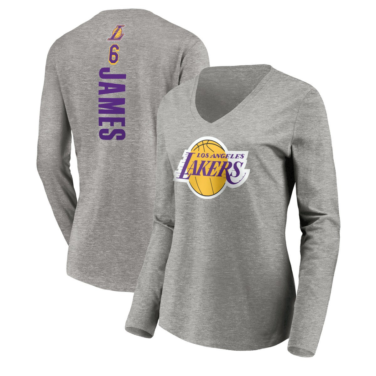 LeBron James Los Angeles Lakers Women's #6 Playmaker Name & Number Long Sleeve V-Neck T-Shirt Heathered Gray - NBA