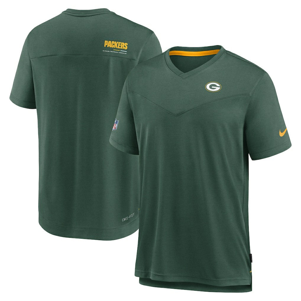 Green Bay Packers Sideline Coach Chevron Lock Up Logo V-Neck Performance T-Shirt Heather Kelly Green | Nike for Sale