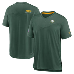 Green Bay Packers Sideline Coach Chevron Lock Up Logo V-Neck Performance T-Shirt Heather Kelly Green | Nike for Sale