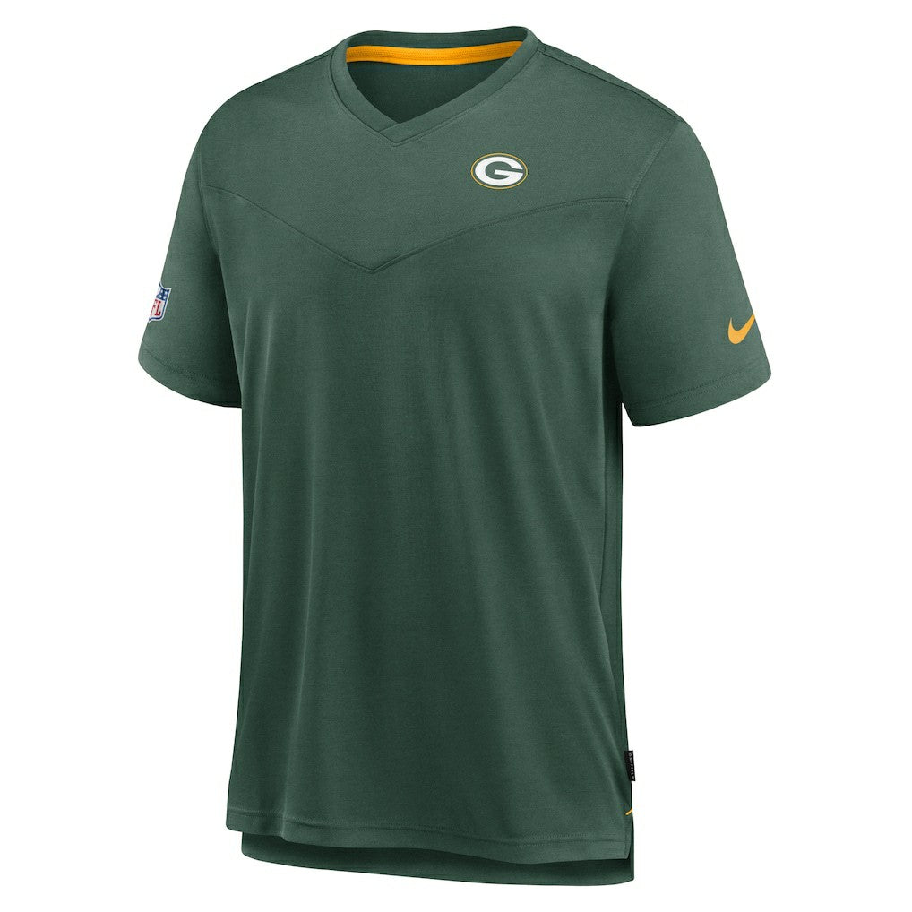 Green Bay Packers Sideline Coach Chevron Lock Up Logo V-Neck Performance T-Shirt Heather Kelly Green | Nike for Sale