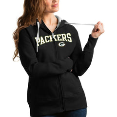 Green Bay Packers Antigua Women's Wordmark Victory Full-Zip Hoodie Black | NFL
