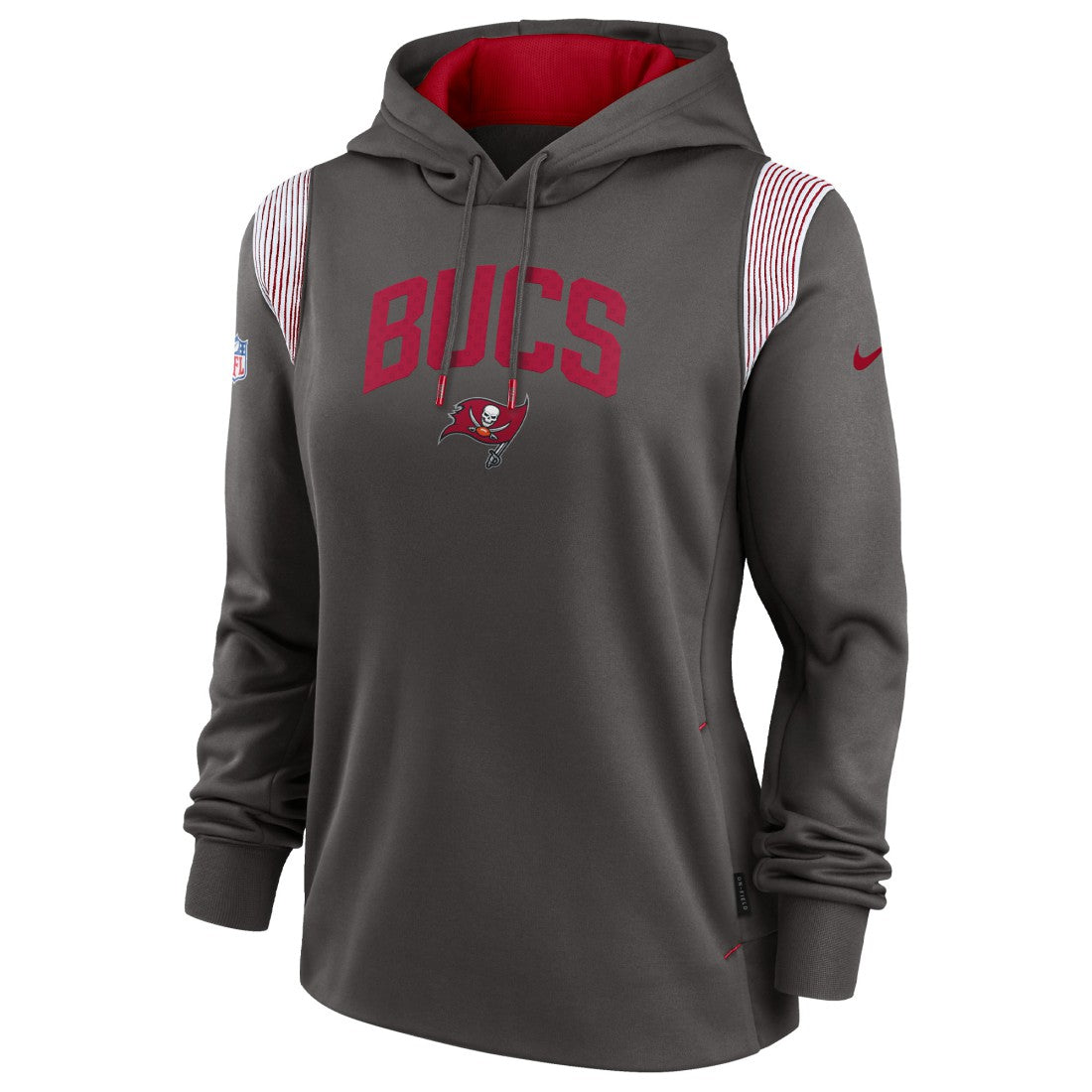 Tampa Bay Buccaneers Women's Sideline Stack Performance Pullover Hoodie Pewter | Nike for Sale