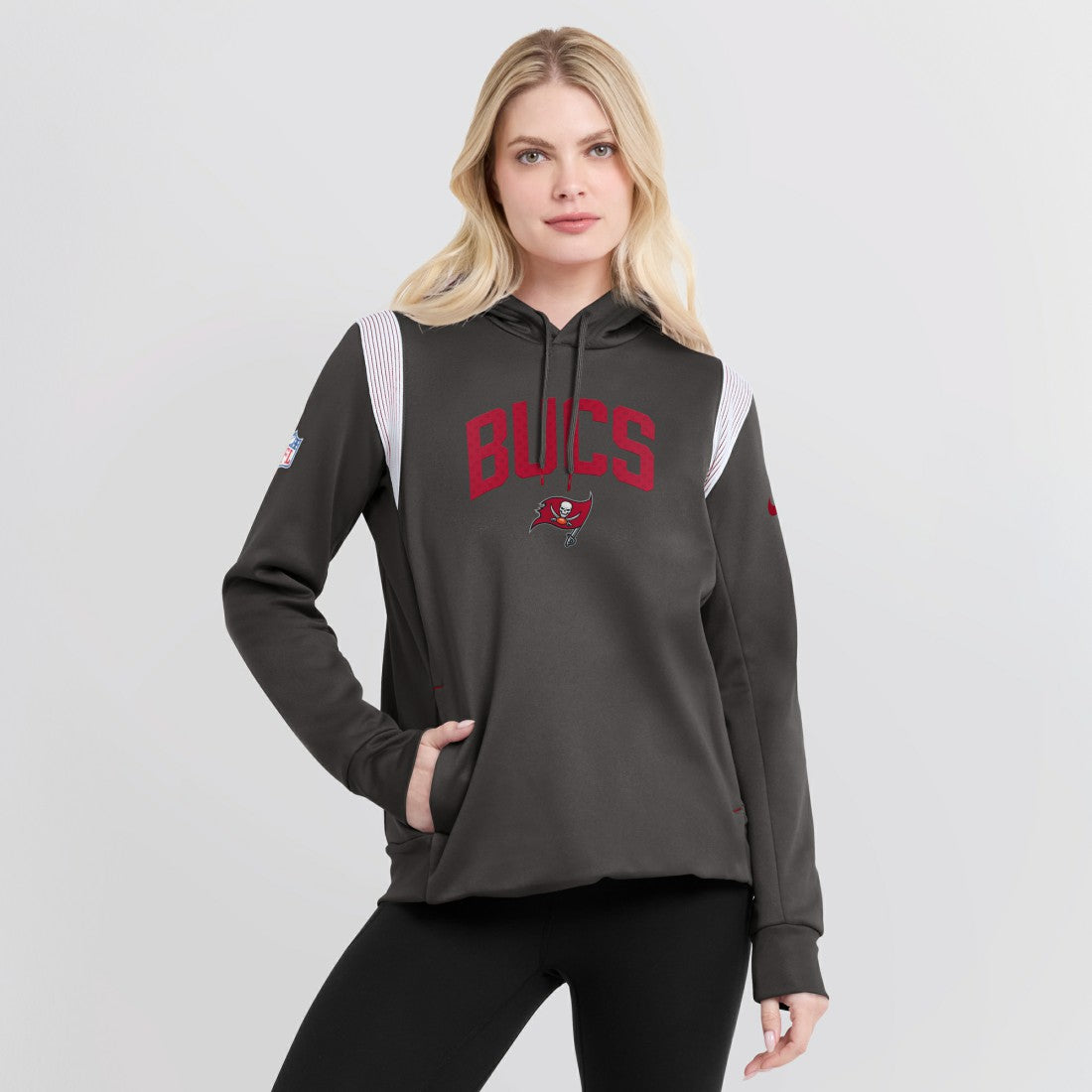 Tampa Bay Buccaneers Women's Sideline Stack Performance Pullover Hoodie Pewter | Nike for Sale