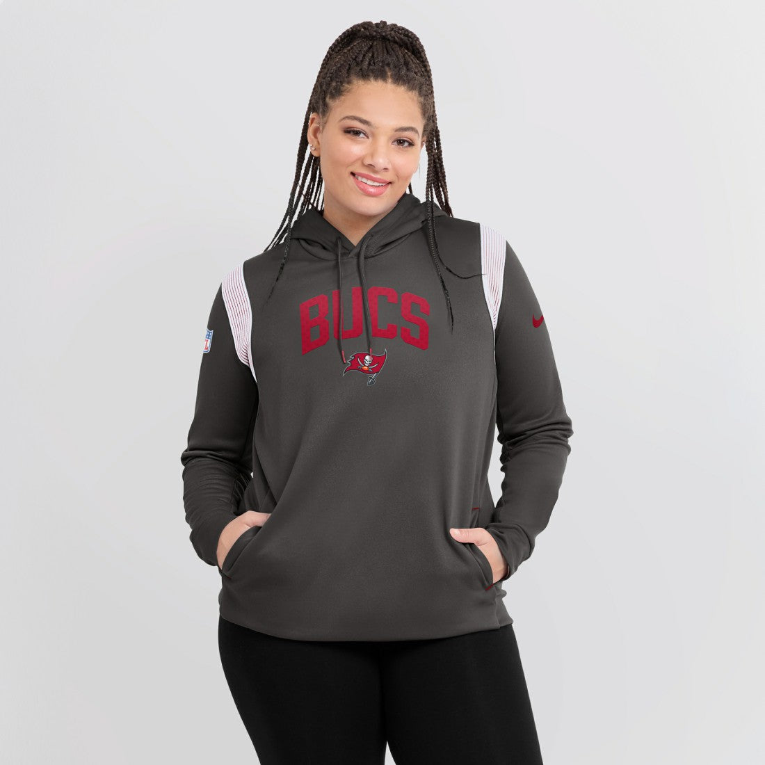 Tampa Bay Buccaneers Women's Sideline Stack Performance Pullover Hoodie Pewter | Nike for Sale