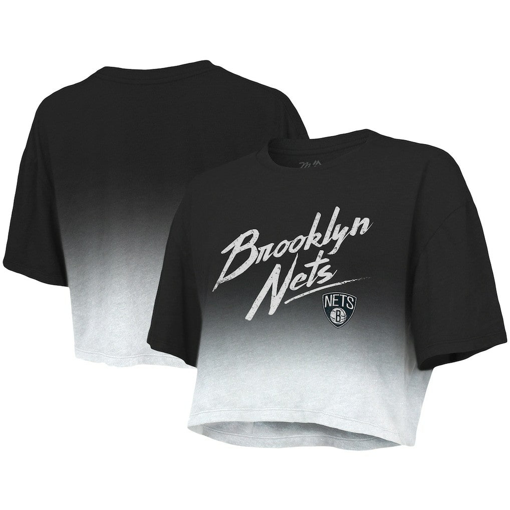 Brooklyn Nets Majestic Threads Women's Dirty Dribble Tri-Blend Cropped T-Shirt Black/White - NBA
