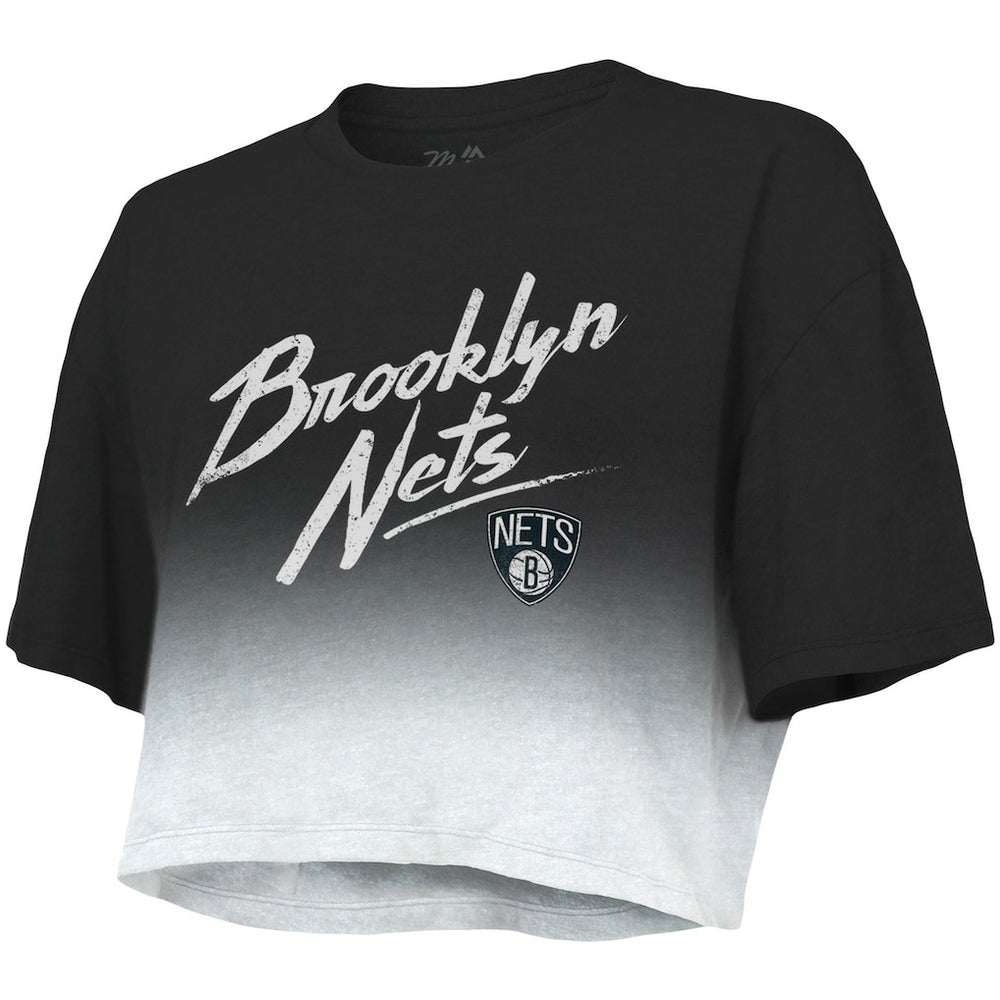 Brooklyn Nets Majestic Threads Women's Dirty Dribble Tri-Blend Cropped T-Shirt Black/White - NBA