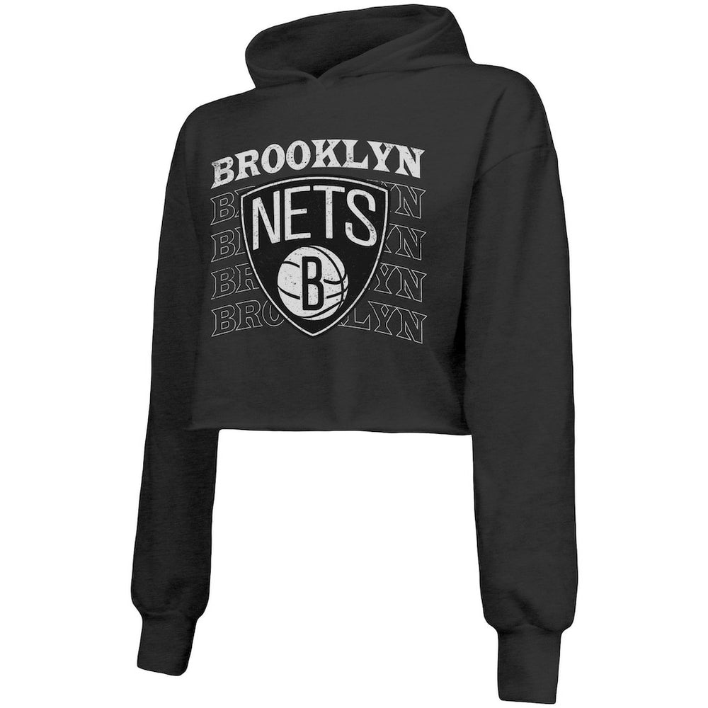 Brooklyn Nets Majestic Threads Women's Repeat Cropped Tri-Blend Pullover Hoodie Black - NBA