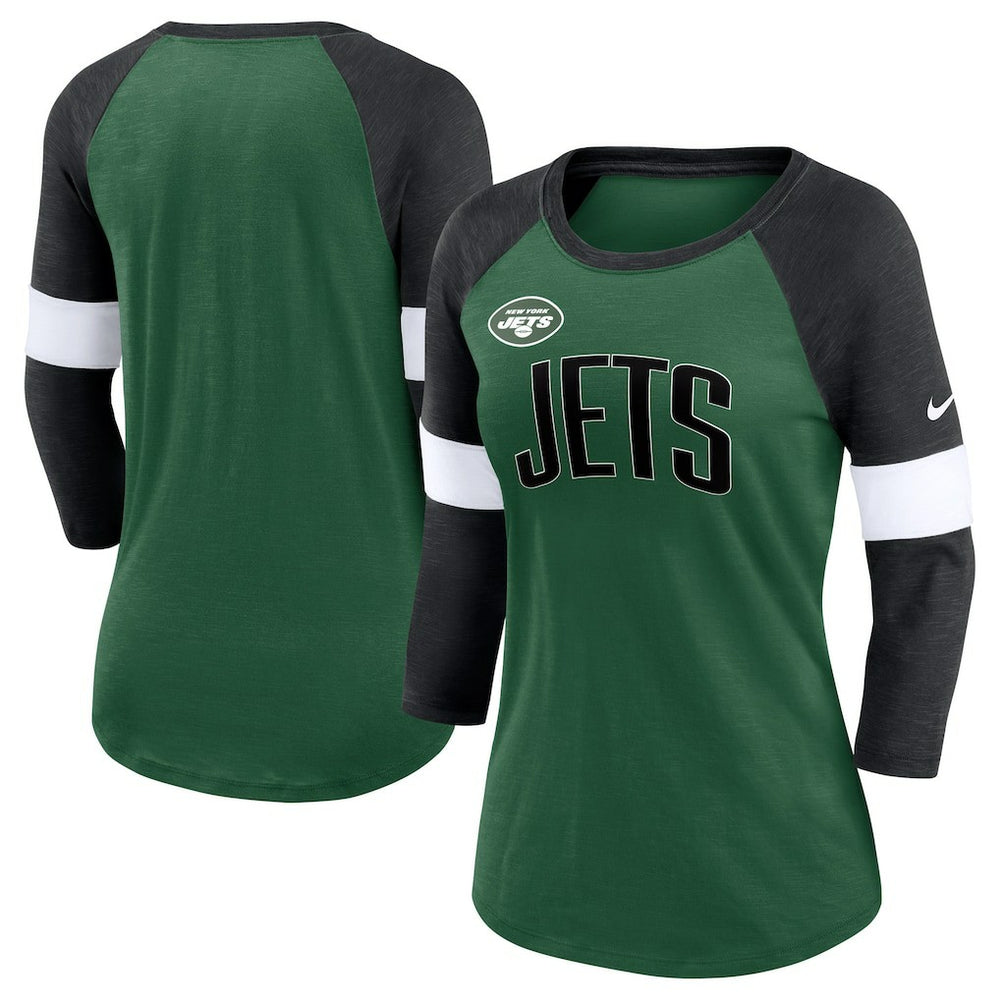 New York Jets Women's Football Pride Raglan 3/4-Sleeve T-Shirt Heather Green/Heather Black | Nike for Sale
