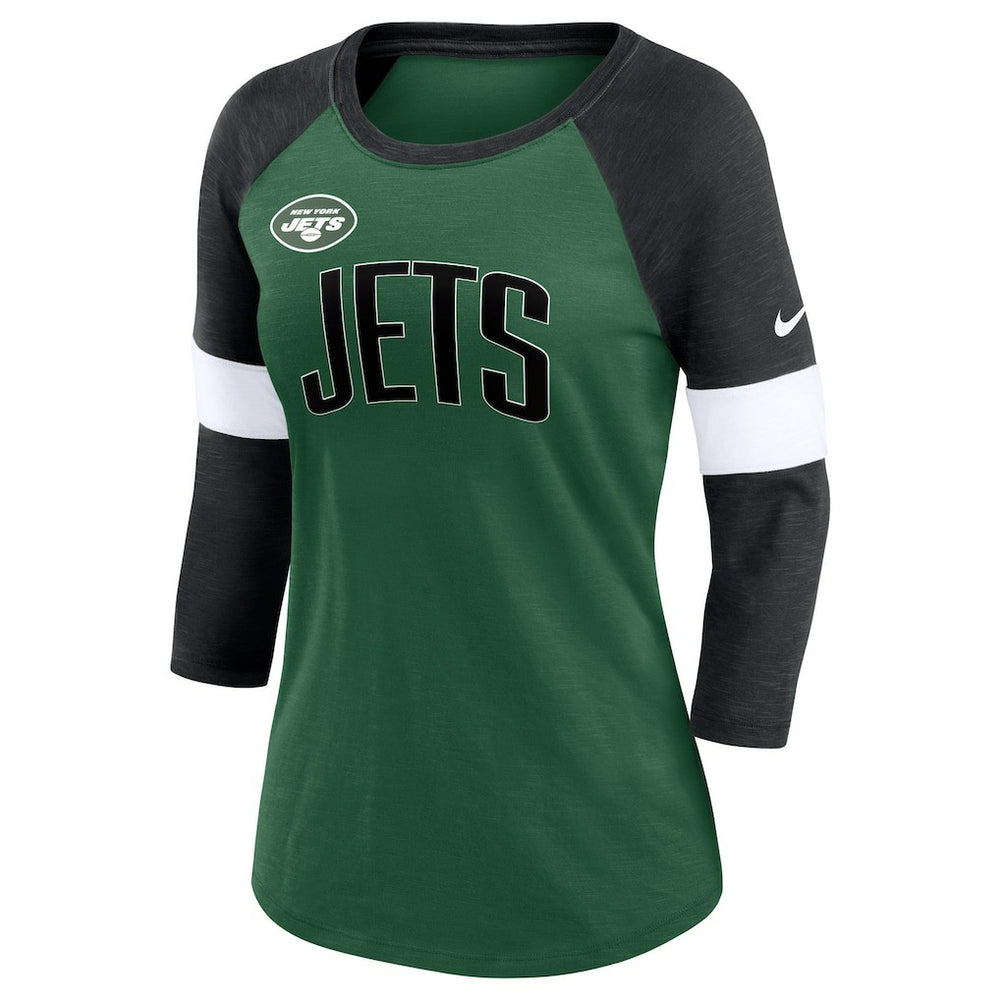 New York Jets Women's Football Pride Raglan 3/4-Sleeve T-Shirt Heather Green/Heather Black | Nike for Sale