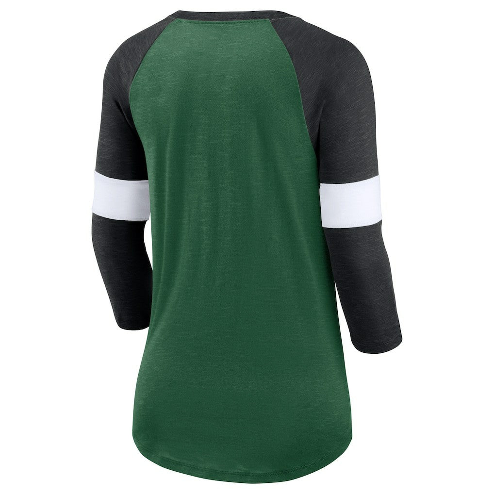 New York Jets Women's Football Pride Raglan 3/4-Sleeve T-Shirt Heather Green/Heather Black | Nike for Sale
